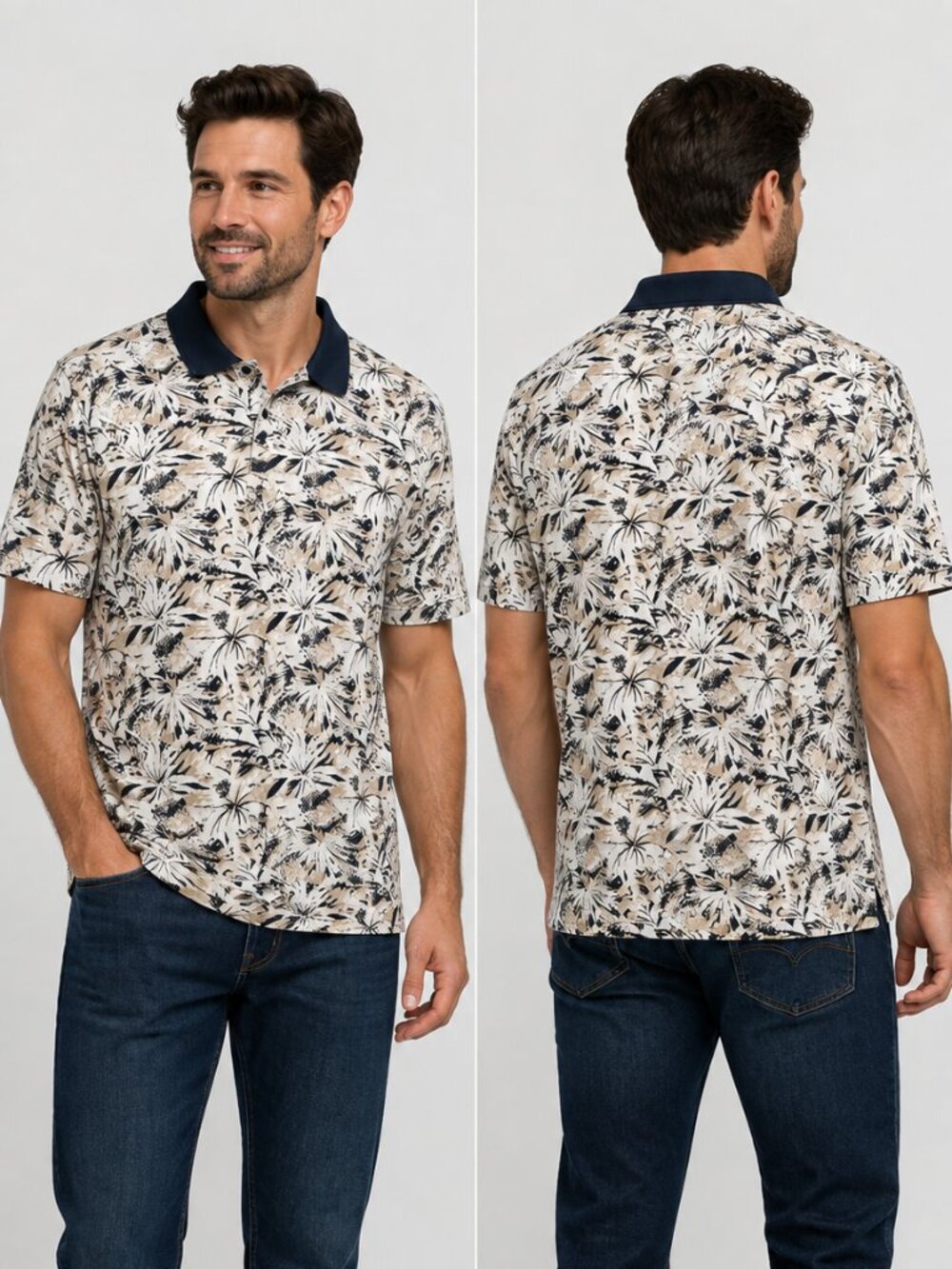 Classics Men's Polo Shirt Size Medium Beige Black Tropical Print Resort Casual